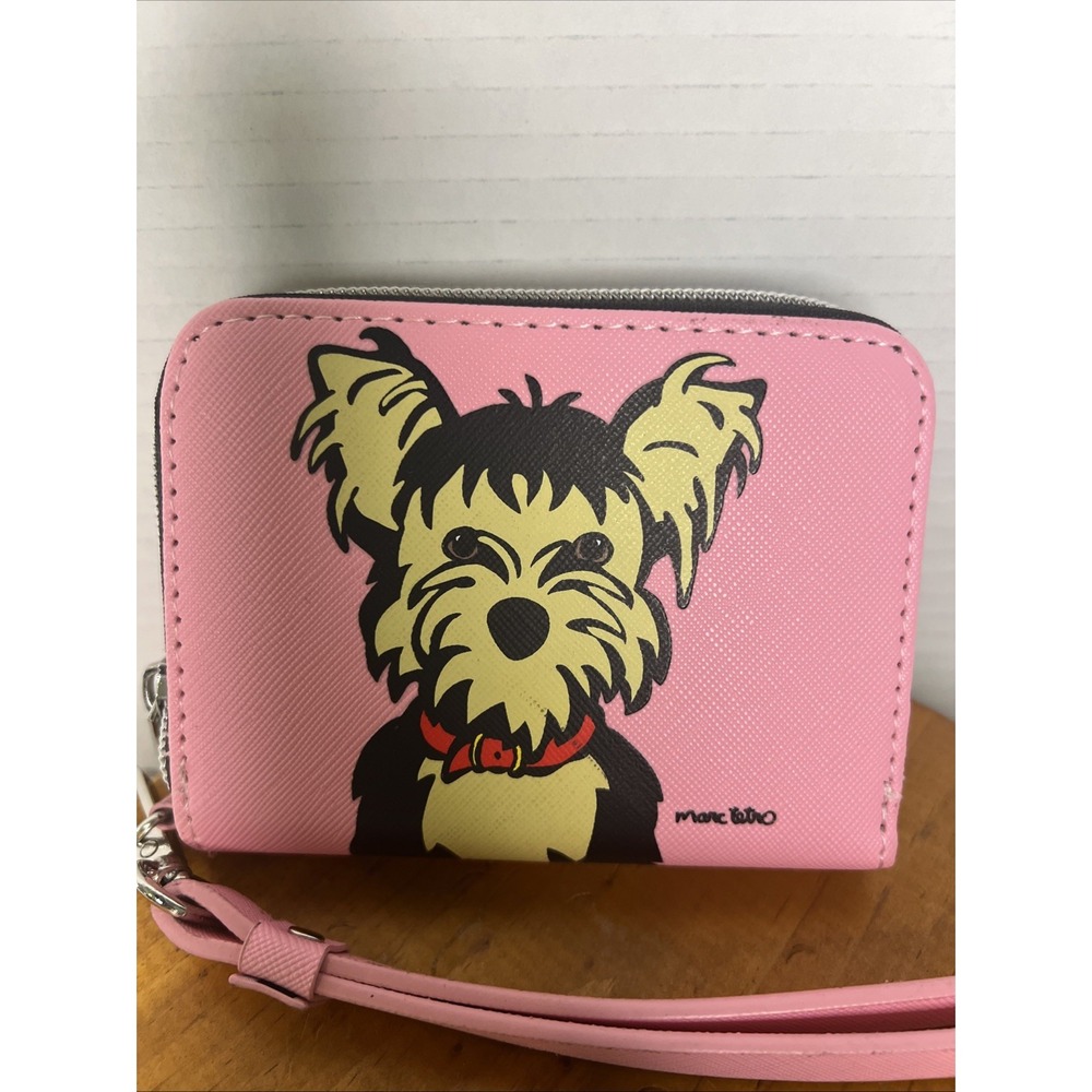 Marc Tetro Yorkie Terrier Pink Zip Around Small Wristlet Card Wallet Lined